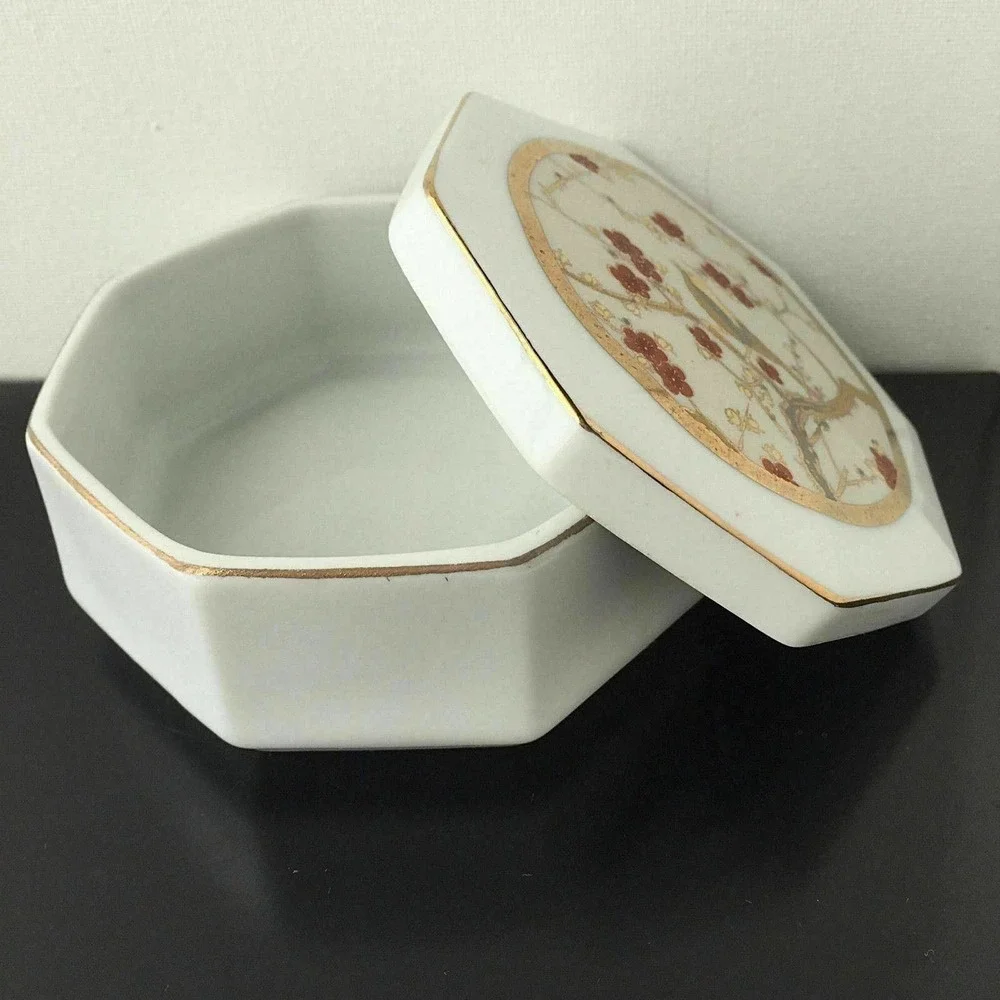 VTG Singing Bird Octagonal Trinket Jewelry Box Ceramic White Gold Red Japan
